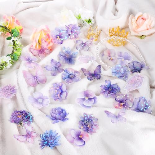 60 Stück Blumen Scrapbooking Aufkleber, Schmetterling Aufkleber Abziehbilder Cute Lila Blumen und Schmetterlinge Stickers Vintage Blumensticker Wasserfest Blume Sticker für Laptop, DIY Fotoalbum
