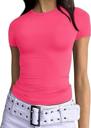 OOHOKAY T-shirt basique à manches courtes pour femme, col rond, coupe ajustée, couleur unie, haut court d'été Y2K, tenue décontractée, Rose fluo/b, M Taille courte