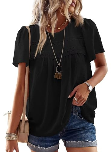 TUUHAW Femme Chemisier Boho Blouse Manches Courtes Col Rond Tunique Fluide | Dentelle T-Shirt, Décontracté Tops, Chemise Chic et Élégant, Été Fluide Hauts, Confortable T-Shirt, Vacances Formel Blouse