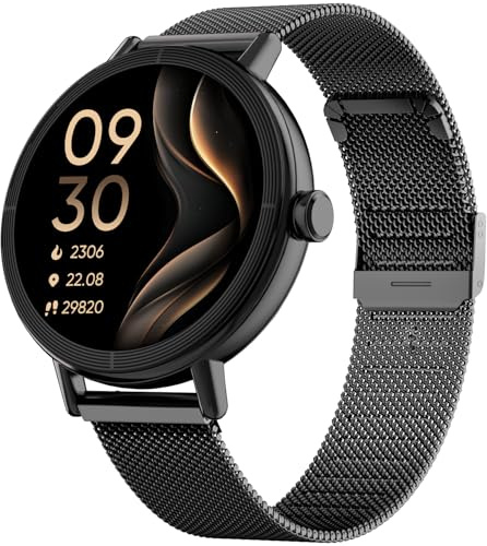 TOOBUR Smartwatch Damen Rund mit Zwei Armbändern, Fitness Sport Uhr, Herzfrequenzmesser, Schrittzähler Uhr Kompatibel mit Android und iOS, Anrufe Annehmen & Tätigen, HD-Touchscreen, Schwarz