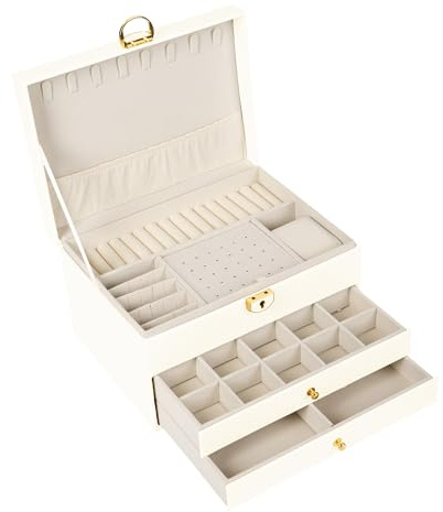 BESTIF Schmuckkästchen Schmuckbox Schmuckkasten Groß Ketten PU Leder Jewellery Box (Beige)