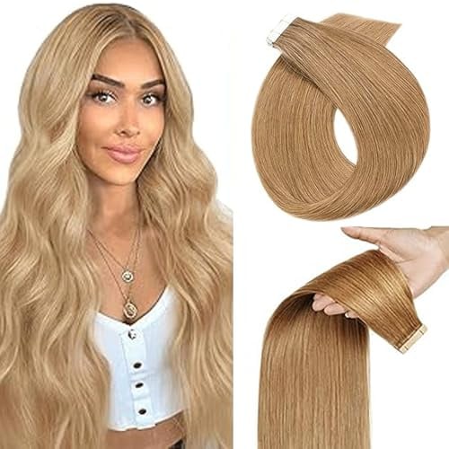 WuvuSnm Tape In Extensions Echthaar Human Hair Straight Invisible Extensions #27 Honey Blonde Color 22 Zolls 10 Pièces/40g Haarverlängerung Echthaar for Women Minimal Smell Low Shedding