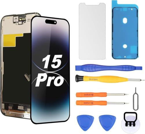 NB+ OLED Display für iPhone 15 Pro Displayreparatur [Soft OLED, Nicht Hard OLED], 3D-Touch Display Full HD Digitizer Baugruppe mit Reparatur-Werkzeugsatz, wasserdichter Kleber, Displayschutzfolie