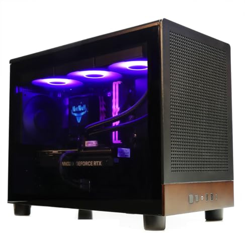 BitBull PC Gamer Mini AMD Ryzen 7 7800X3D – RTX 5070 12 Go, 32 Go DDR5, SSD 1 to, Refroidissement Liquide 360 mm avec écran IPS LCD, Boîtier Bois Noyer, WiFi, Windows 11 Pro – Gamdias Athena M4M Wood