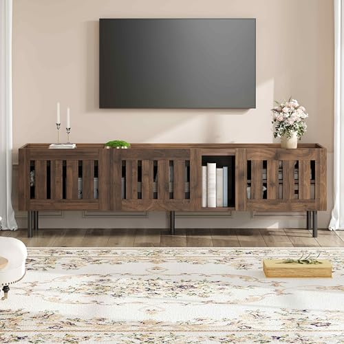 RAPRAP Meuble TV en bois 160 cm pour 65 pouces - Meuble TV bas minimaliste sur pied avec 3 portes en bois - Armoire TV MDF,Walnut
