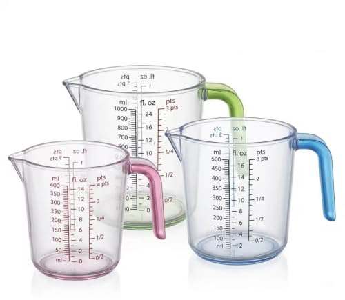 3-Piece Plastic Measuring Jug Set, 200ml, 400ml and 900ml with Angled Grip Handles,with Easy Read Measurements