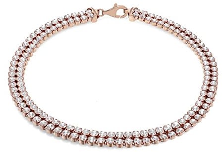 Tuscany Silver Women's Sterling Silver Rose Gold Plated 2 mm Round Cubic Zirconia Double Row Tennis Bracelet of Length 19 cm/7.5 Inch