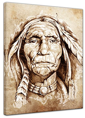 Keilrahmenbild Indianer, Tattoo Art - 90x120 cm hochkant Groß Keilrahmenbilder Bilder als Leinwanddruck Fotoleinwand Urban & Graphic - Amerika - Zeichnung eines Ureinwohners
