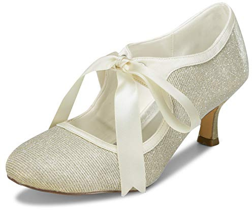 JIAJIA 140311 Bridal Lace Satin Low Heel Closed Toe Prom Party Dance Wedding Shoes Color Gold,Size 7 UK / 41 EU