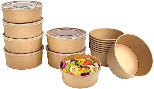Ciotole per insalata con coperchi [50 pezzi, 1200 ml, contenitori di cartone marrone da asporto Bio, Piatti di carta, rivestimento in PLA - Imballaggio per Streetfood