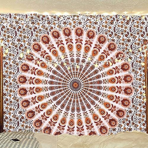 Bless International Indischer Hippie Bohemian Psychedelic Peacock Mandala Wandbehang Bettwäsche Tapisserie (Orange Brown, Twin (137x182Inches) (140x185cms))