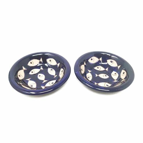Verano Spanish Ceramics Signature Blue & White Fish Decorative Serving Dishes Tapas Bowls - Set of 2 White Fish