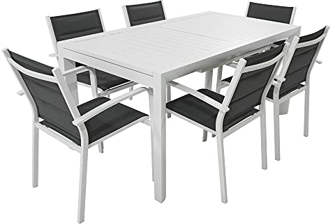 Set mit 6 Gartenstühlen für den Außenbereich, aus Aluminium, weiß, ausziehbar von 160 cm bis 240 cm, mit Top Latten, Sessel aus Aluminium, weiß, mit Textilen, gepolstert grau
