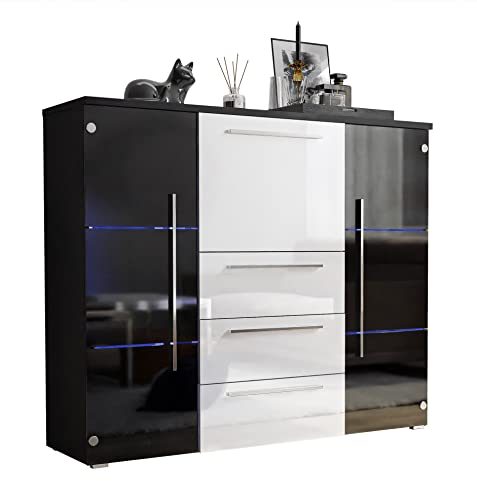 lukmebel Kommode BARI Hochglanz mit Schubladen und Barfach Wohnzimmer Wohnzimmerschrank LED kostenlos HG Highboard Sideboard Schrank Schlafzimmer Schrank Mehrzweckschrank (Schwarz/Weiß + Schwarz)