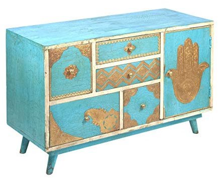 Mueble Cajonero para Televisión Decorativo Pintado a Mano de Madera Mano Fátima. Muebles Auxiliares. Vitrinas. Regalos Originales. Decoración Hogar. 81 x 33,50 x 54 cm.