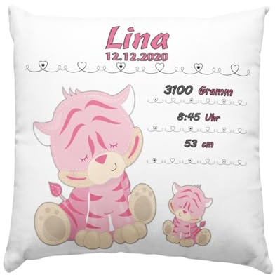 Baby Geschenk Kissen mit Namen und Geburtsdaten - Geburt Junge oder Mädchen Geburtsgeschenk Babykissen -personalisierte Babygeschenke -taufgeschenk von Taufpaten - neugeborenen Tiger Rosa taufe