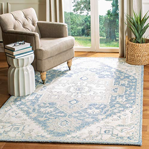 SAFAVIEH Traditionell Teppich für Wohnzimmer, Esszimmer, Schlafzimmer - Micro-Loop Collection, Kurzer Flor, Blau und Elfenbein, 200 x 300 cm