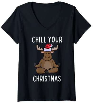 Damen Rentier Christmas Yoga Namaste Chill Spruch Geschenkidee T-Shirt mit V-Ausschnitt