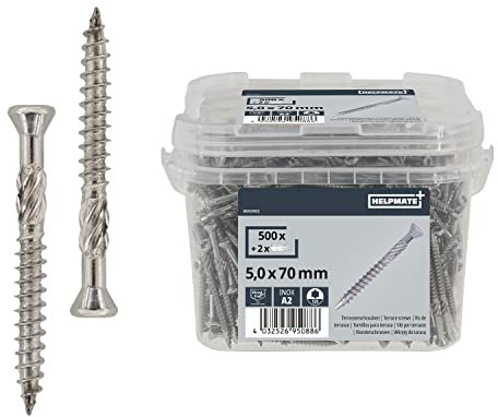 HELPMATE Viti in acciaio inox A2 per la costruzione di terrazze, 5,0 x 70-500 pezzi viti + 2 punte T25 – T-Star Plus, punte per fresatura, torx, testa svasata, punta tagliata, viti Torx per uso