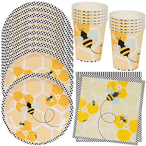 HGSHUO Biene Partygeschirr Kindergeburtstag Deko Bienen Geburtstag Party Geschirr Pappteller Becher Servietten Geburtstagsparty Hochzeit Babyparty Tischdeko Set 10 Persone