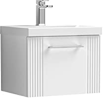 nuie DPF191A Deco Modern Bathroom Wall Hung 1 Drawer Part Fluted Vanity Basin Unit with Mid-Edge Ceramic Basin, 500mm, Satin White