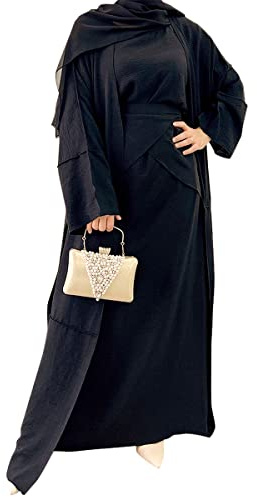 khalat Damen Muslim Abaya Kleid Dreiteiliges Set Islamisches Gebet Robe Open Front Flowy Maxi Cardigan Kleid, Schwarz, Large