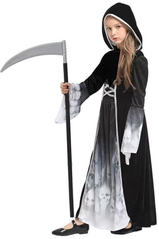YIMOJOY Halloween Costume Ragazza - Principessa Fantasma Horror con falce, inquietante Mietitore Halloween Costume Bambini Ragazze Mietitore per Carnevale Abito in maschera (M)