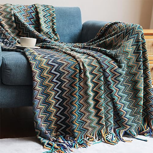 AMZZHAO Weich Boho Decke Kuscheldecke Strick,Sofaüberwürfe Sesseldecke Wohndecke Bettwurf,Quasten Jacquard,dekorativ für Zuhause,Büro,Reisen,Zelten,127×180 cm/50×70,87 Zoll (einschließlich Quaste)