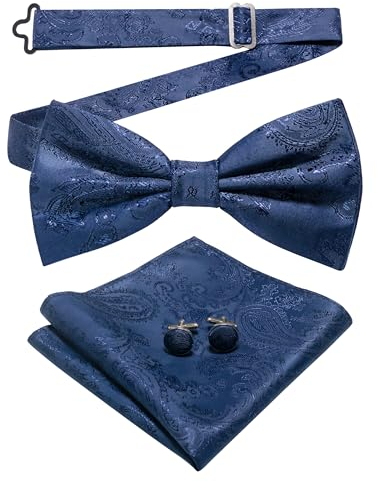 JEMYGINS Herren Fliege mit Cashewblütendesign Retro-Design mit Manschettenknöpfen und Einstecktuch,Navy blau