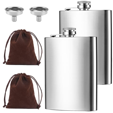 Lot de 2 Flasque en Acier Inoxydable,8oz/227ml Flasques Portables avec 2 Entonnoir,Hip Flask,Flasque Whisky avec Sac à Cordon,étanche,Flasque pour Homme,pour Le Whisky,Le Rhum,Le Camping,La Randonnée