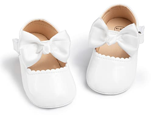 CENCIRILY Baby Girl Mary Jane Anti-Slip First Walking Dress Shoes | For 0-18 Months, Bow Decor, Synthetic Leather Upper, Soft Flexible Sole, Hook&Loop Strap, Ideal for Baptism Party