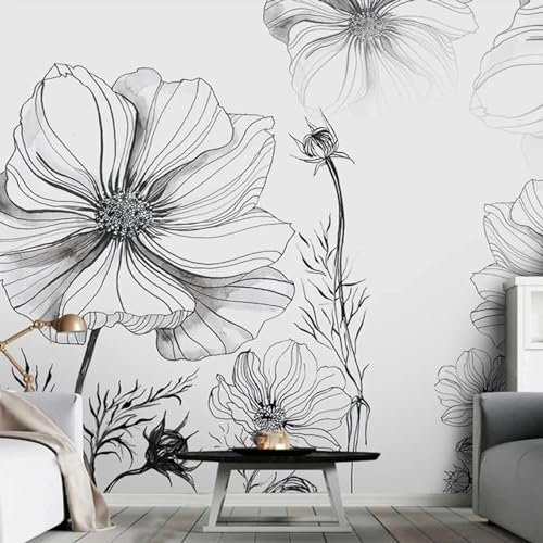 KoKoty Papier Peint Soie Panoramique Fleurs de croquis noir et blanc dessinées à la main-300 x 250 cm-XXL illusion d'optique Papier peint Déco Mural Tableaux Muraux Photo