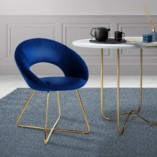 ML-Design Chaise de Salle à Manger en Velours, Bleu, avec Dossier Rond, Assise Rembourrée, avec Pieds en Métal Doré, Coussin Epaissi, Fauteuil pour Table à Manger, Chaise de Maquillage, Salon, Cuisine