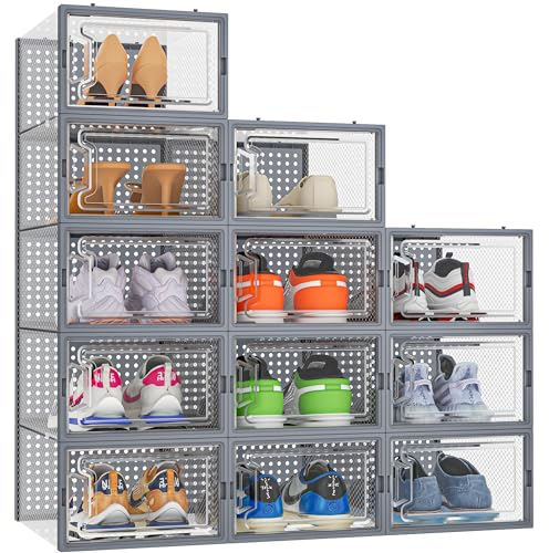HOMIDEC Schuhboxen, 12er Pack Schuhboxen Stapelbar, Schuhorganizer Schuhaufbewahrung, Schuhkarton mit Deckel für Schuhe bis Größe 45, Grau