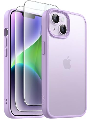 JETech 3 in 1 Matt Hülle für iPhone 14 6,1 Zoll mit 2 Stück Gehärtetes Glas Schutzfolie, Transluzente Gefrostete Stoßfest Telefon Abdeckung (Helles Lila)