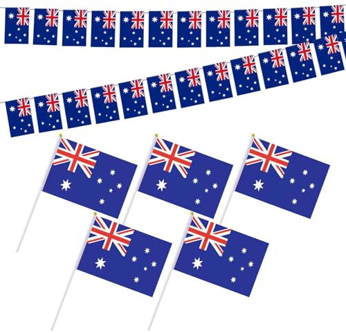 1 Stück Wimpelkette mit australischer Flagge, 4 Stück Handschwenkflaggen, quadratische Schnurflaggen, Australische Flagge als Pull-Flaggen-Dekoration, Festivals und Feierlichkeiten.