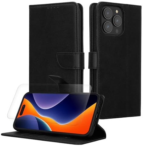 kwmobile PU Faux Leather Case Compatible with Apple iPhone 15 Pro Max - Wallet Case with Screen Protector - Black