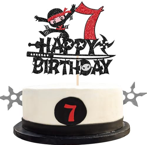 1 Pack Ninja Happy 7th Birthday Cake Topper Black Glitter Seven Years Old Birthday Cake Pick Martial Arts Kung Fu Warriors Cake Decoration for Ninja Theme Seventh Birthday Party Decorations Supplies