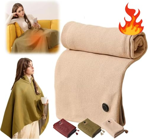 PKKP Manta eléctrica con batería inalámbrica, portátil con cremallera, manta térmica con 3 niveles de calor, manta térmica USB para espalda, cuello y hombros (A2-caqui, manta)