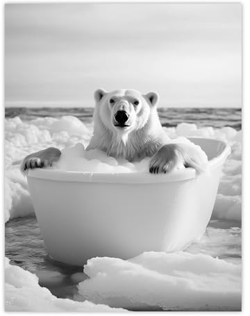 Artery8 Polar Bear In Bathtub Black White Arctic Seascape Bathroom Toilet Large Wall Art Poster Print Thick Paper 18X24 Inch