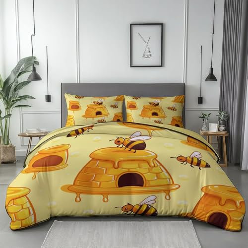Bettwäsche 135 x 200 cm Mikrofaser Bettbezug Cartoon Tier Biene Motiven Bettbezug Atmungsaktiver Bettbezug Set mit 2 Kissenbezüge Gelb Druck Wende Bettbezug