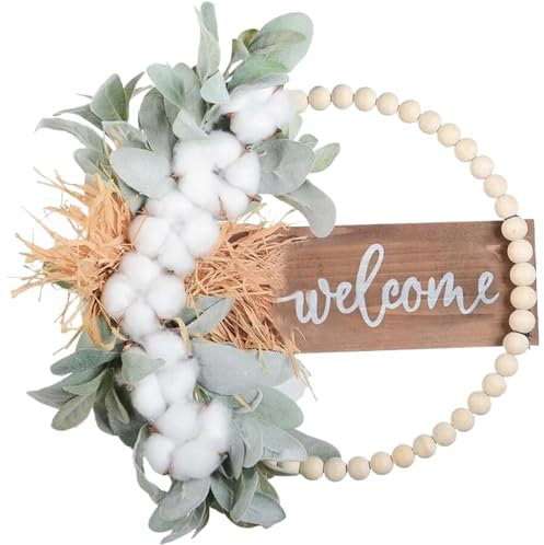 Welcome Wreaths for Front Door, 36cm Artificial Cotton Branch Beaded Wreath with Welcome Sign, Front Door Spring Wreath for Wall Wedding Decorations