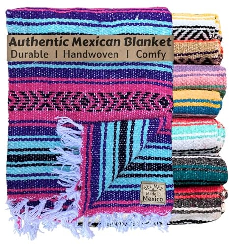 Del Mex Classic Mexican Blanket, Large Authentic Woven Falsa Throw (70x50), Artisan Southwest Décor for Beach, Yoga, Outdoors (Pink/Purple/Mint)