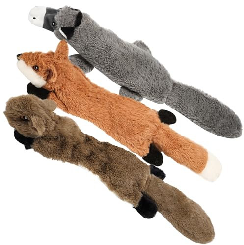 Nocciola 3 Pack Crinkle Quietsch-Hundespielzeug mit Lanlebigem Stoff, Unzerstörbares Plüschspielzeug, Hundespielzeug Set ohne Füllung, für Welpen, Kleine bis Große Hunde (Fuchs, Hase, Esel)