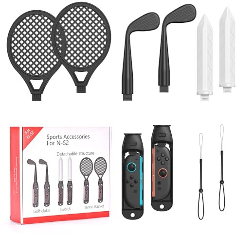 Kit Accessori Sportivi per Nintendo Switch 2 (2025), Set Famigliare per Giochi Tennis, Golf, Chambara per Nintendo Switch 2 Joy-Con, Pacchetto Switch 2 Accessori Sportivi per Switch 2
