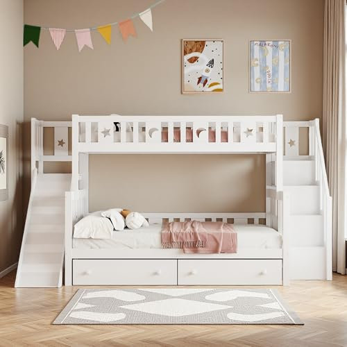 Seyakany Lit superposé Enfant 90/140x200cm avec toboggan,2 tiroirs et échelle de rangement,lit cabane enfants en bois massif avec garde-corps,cadre de lit enfant 90/140x200 avec sommier à lattes,blanc