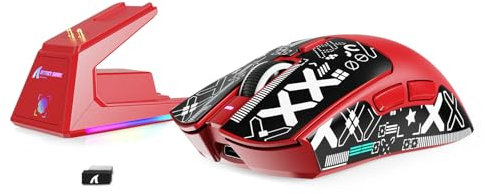 MAMBASNAKE x Attack Shark X1 Ratón Ligero para Juegos FPS con Base de Carga & Grip Tape, 49g Superlight, Sensor PAW3395 Pro 40K dpi, Tasa de Sondeo de 1000 Hz, BT/2,4G Wireless/Cable, PC/Mac - Rojo