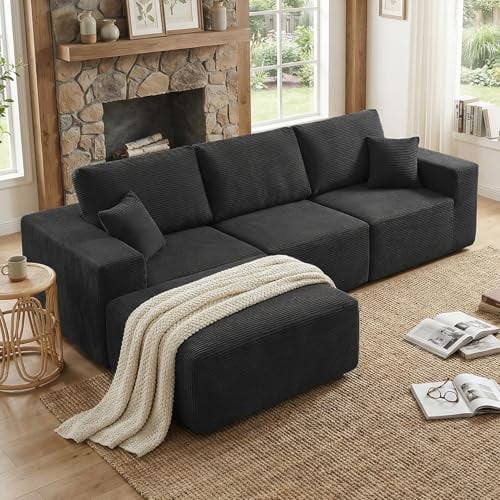 CHOSHOME 275cm Ecksofa mit Schlaffunktion - Big Modulares L-Form Cloud Couch, Cord Boneless Sofa Bed mit Ottomane, 4-Sitzer-Sektionssofas für Wohnzimmer, Keine Montage erforderlich, Schwarz