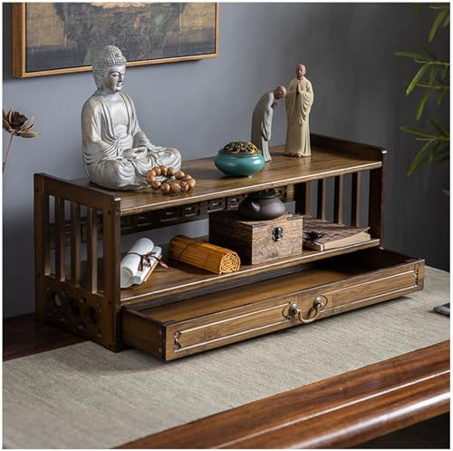 3-Stufiger Altartisch mit Schublade Puja-Tisch Natürlicher Bambus-Schrein-Tisch für Spirituelle Meditationstisch Orientalischer Gebetstisch Schrank zur Aufbewahrung,Walnut,42 * 28cm/16.5 * 11in