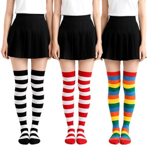 OIXEYA 3 Pares Extra Largos Calcetines Hasta la Rodilla Cosplay Casual Sobre la Rodilla Medias Hasta el Muslo Calcetines a Rayas Niñas Mujer